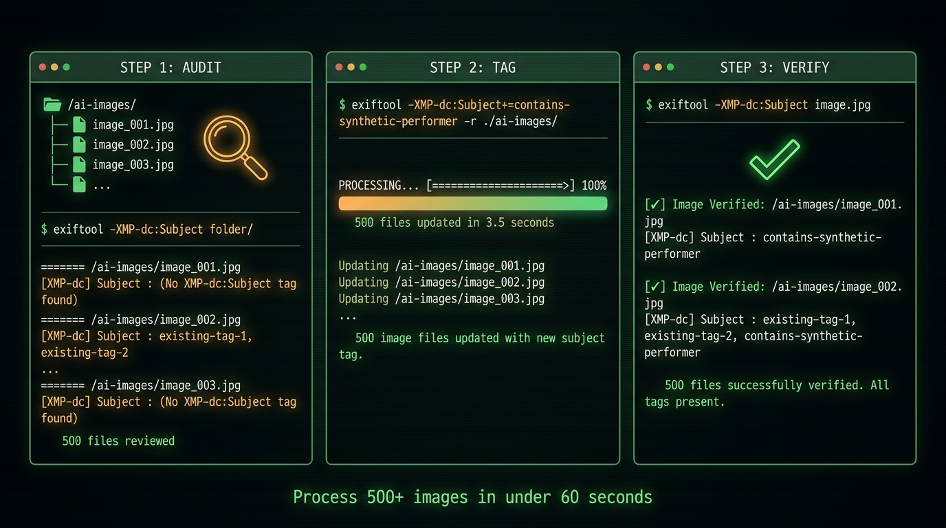 ExifTool batch metadata tagging workflow for Amazon sellers — audit, tag, verify steps