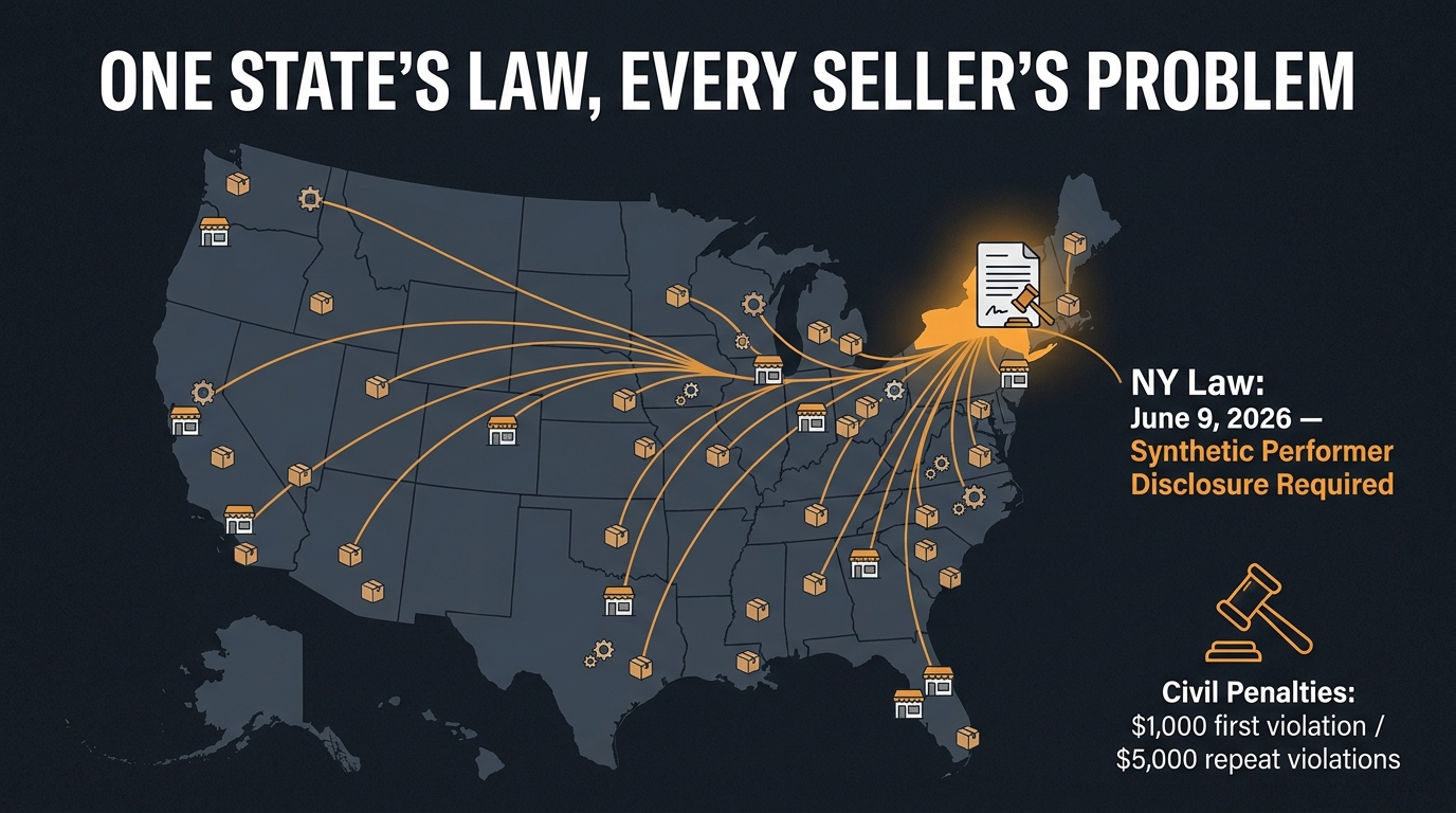 Map showing how New York's synthetic performer disclosure law affects Amazon sellers nationwide
