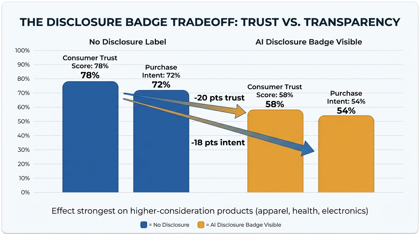 Bar chart comparing consumer trust and purchase intent with and without AI disclosure badges on Amazon product images