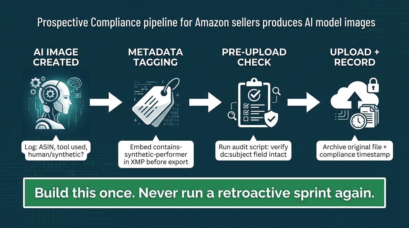 Prospective compliance pipeline flow diagram for Amazon sellers producing AI model images