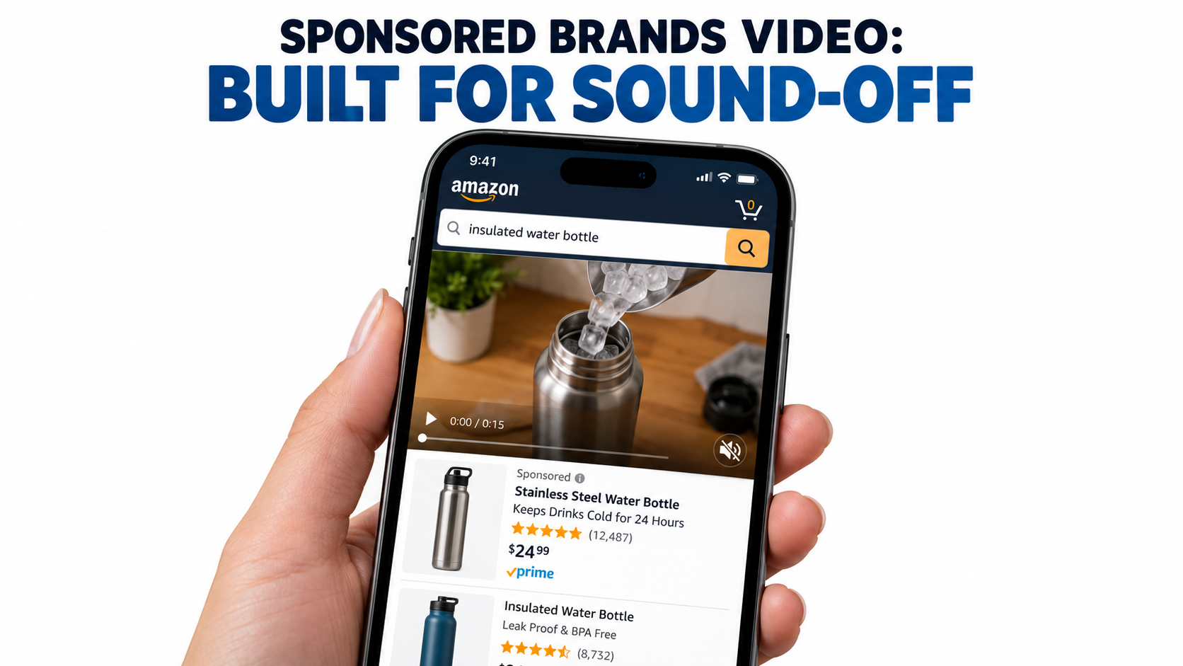 Smartphone showing a muted autoplay Sponsored Brands video ad at the top of Amazon search results, with the mute icon in the lower right corner