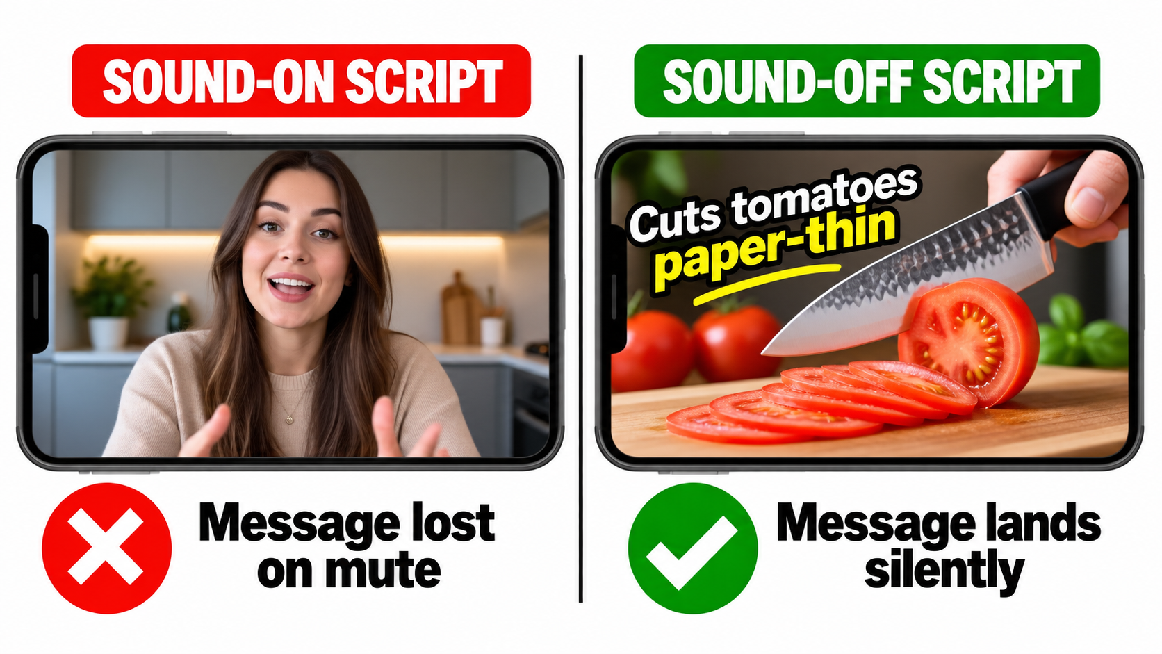 Comparison showing a talking-head video losing its message on mute versus a captioned product demo that communicates without sound