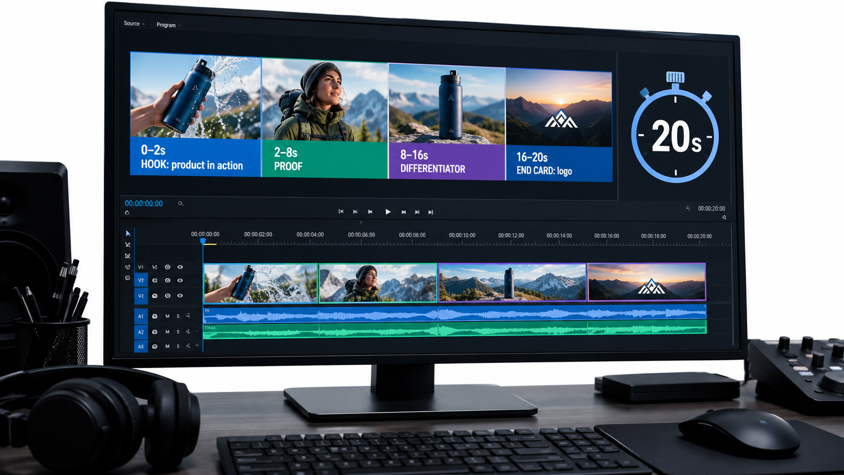 Video editing timeline showing a 20-second Sponsored Brands video broken into hook, proof, differentiator, and end card segments