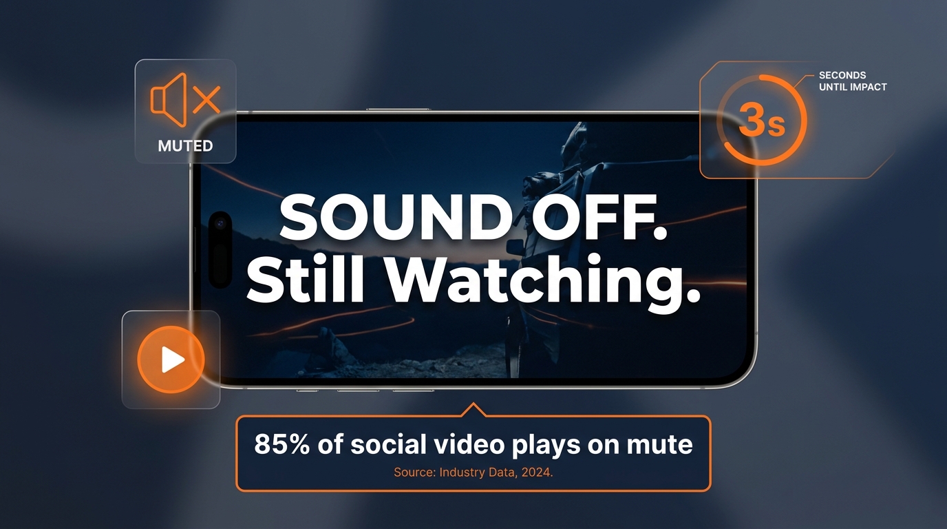 Smartphone showing a muted video ad with bold text overlay 'SOUND OFF. Still Watching.' — illustrating silent-first SBV hook design with stat: 85% of social video plays on mute