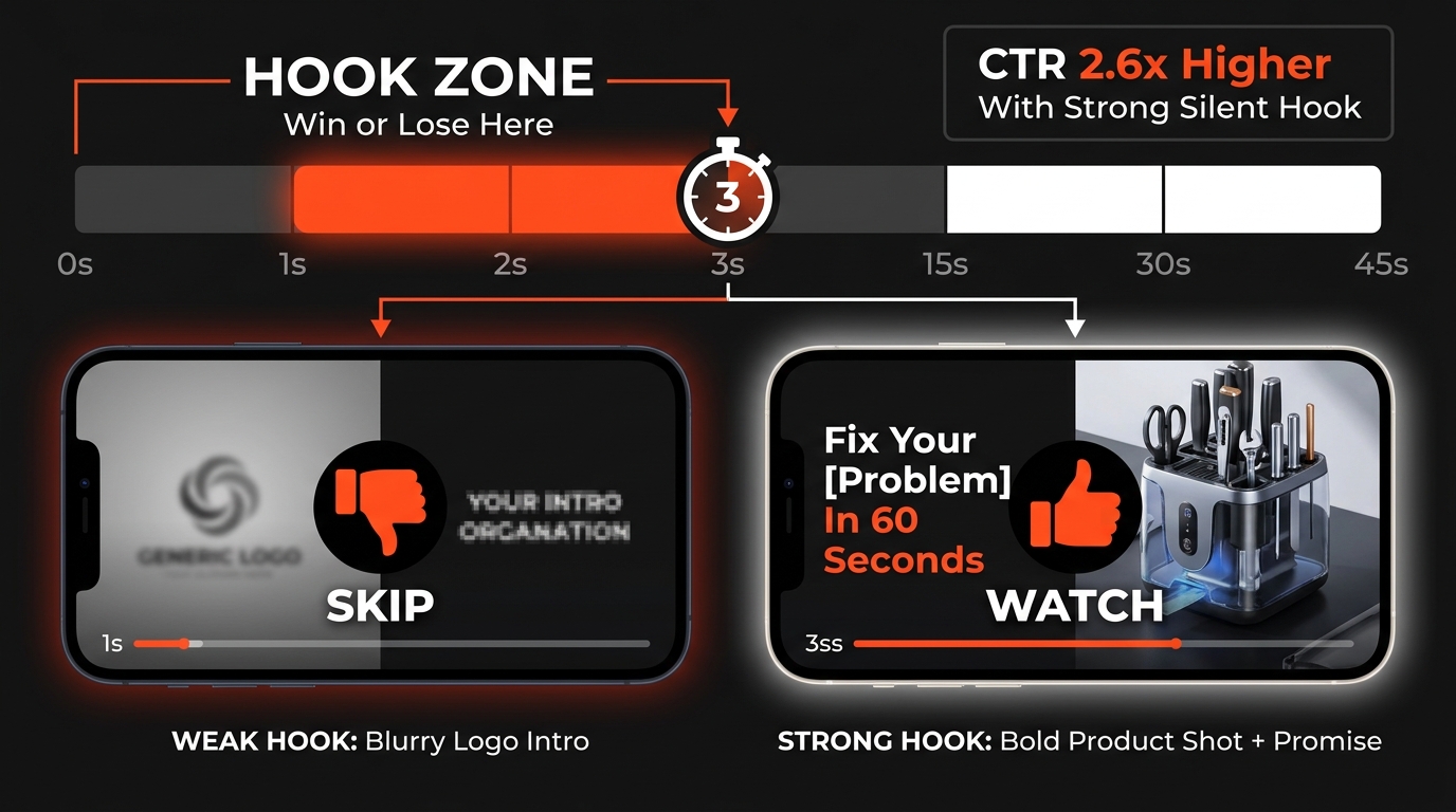 Infographic showing the 3-second hook zone on a video timeline, with split-screen comparison of a logo-first intro (SKIP) versus a product-first text hook (WATCH), with stat: 2.6x higher CTR with strong silent hook