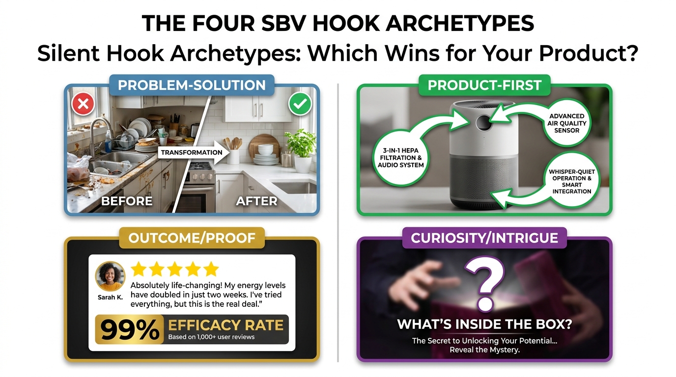 Four SBV hook archetypes shown in a 2x2 grid: Problem-Solution, Product-First, Outcome/Proof, and Curiosity/Intrigue — each with a distinct visual style and labeled with when to use each type