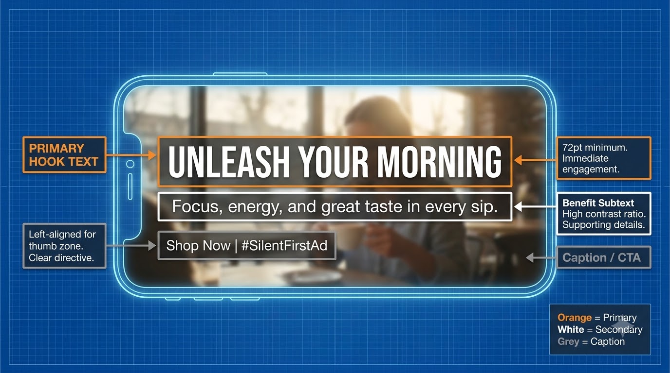 Technical annotation diagram of text overlay hierarchy for a silent-first video frame, showing three layers: Primary Hook Text (large, high contrast), Benefit Subtext (medium), and Caption/CTA (bottom), with size and contrast specifications