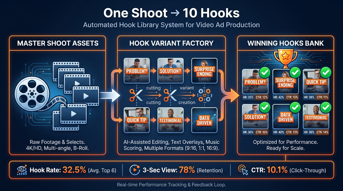 Workflow diagram: One master shoot feeding a Hook Variant Factory producing 10 different hooks, flowing into a Winning Hooks Bank ranked by Hook Rate, 3-Sec View, and CTR metrics. Header: One Shoot → 10 Hooks