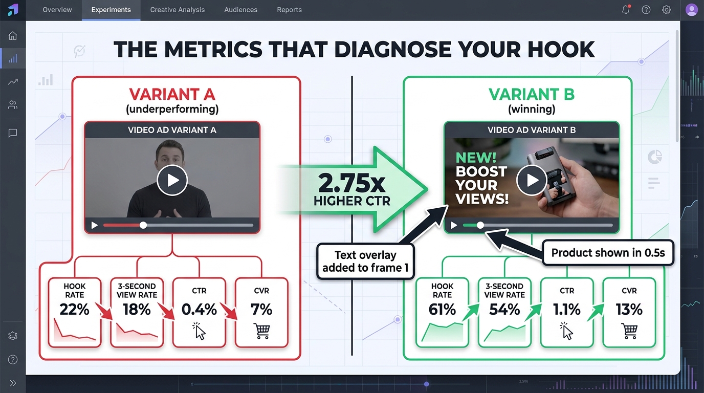 A/B testing dashboard comparing two SBV hook variants: Variant A showing Hook Rate 22%, CTR 0.4%, CVR 7% versus Variant B showing Hook Rate 61%, CTR 1.1%, CVR 13%, with callout noting text overlay added to frame 1 produced 2.75x higher CTR