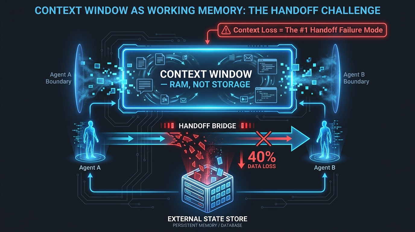 Context window as working memory concept showing data loss at agent boundaries and external state store solution