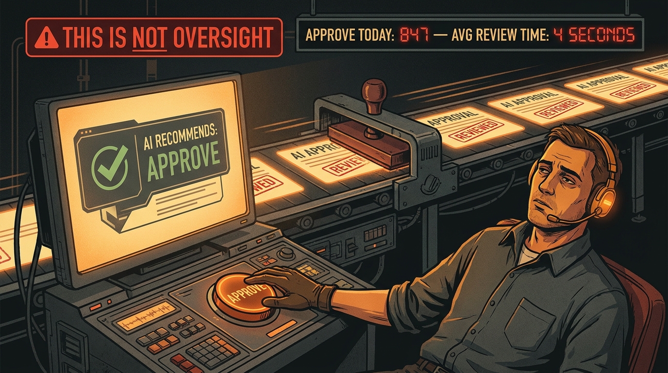 Automation bias theater showing human rubber-stamping AI approvals with 847 approvals in one day at 4 seconds average review time
