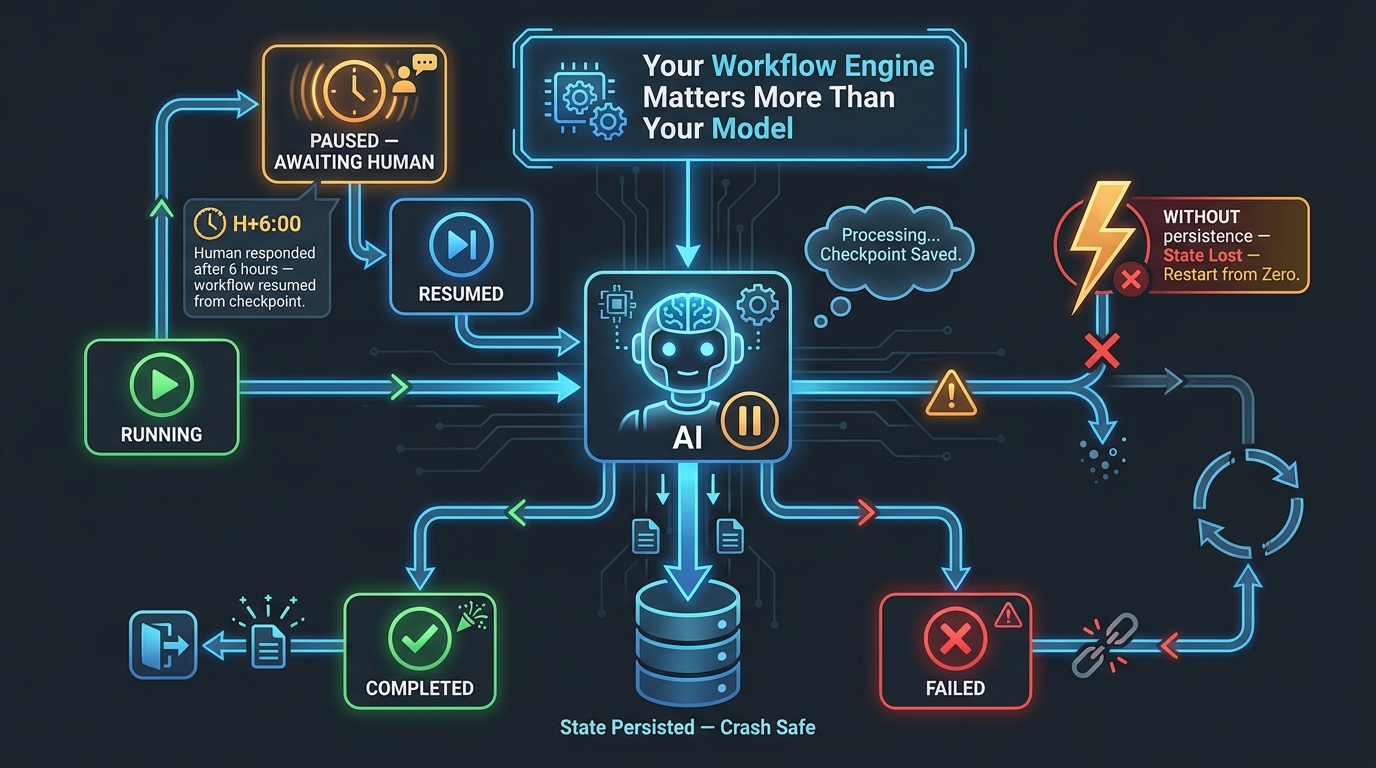 Durable state machine for AI agent workflow showing RUNNING, PAUSED AWAITING HUMAN, RESUMED states with crash-safe persistent storage