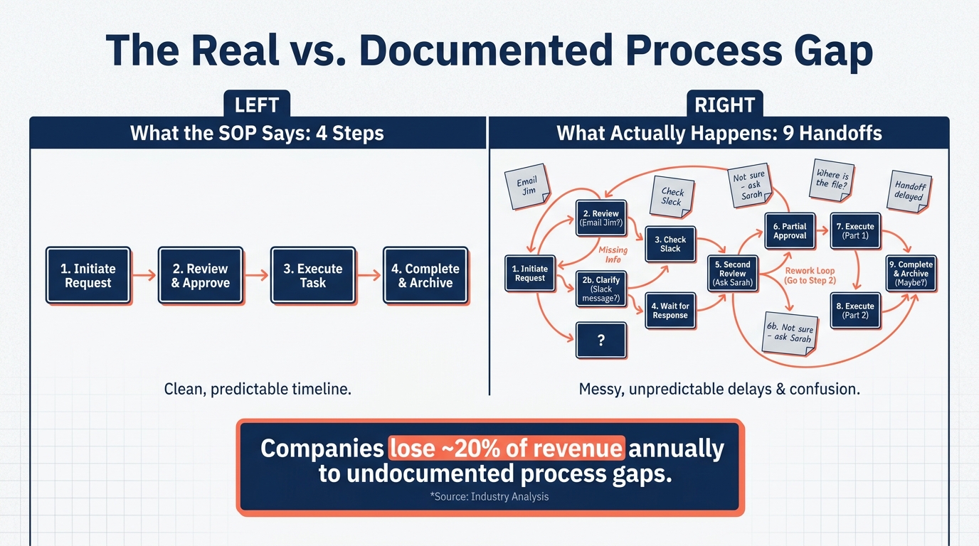 Infographic showing the gap between documented SOPs (4 steps) and the real workflow that actually happens (9 handoffs), with a callout showing companies lose ~20% of revenue annually to undocumented process gaps