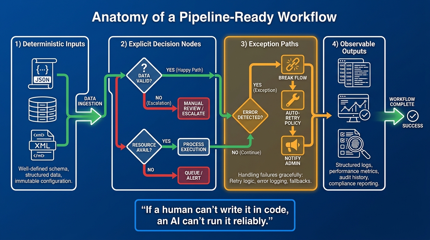 Technical diagram showing the four components of a pipeline-ready workflow: deterministic inputs, explicit decision nodes, exception paths, and observable outputs — with the callout 'If a human can't write it in code, an AI can't run it reliably'