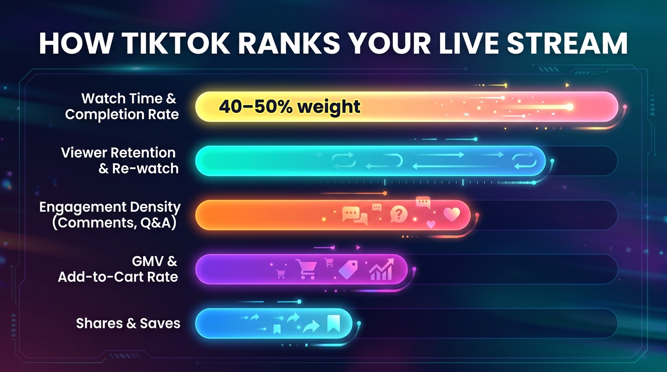 TikTok LIVE algorithm ranking signals bar chart showing Watch Time at 40-50% weight as the dominant factor