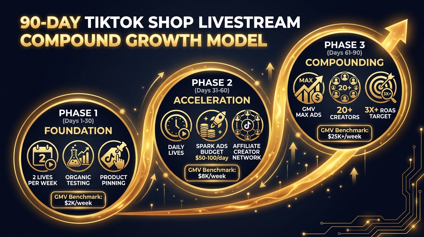 90-day TikTok Shop livestream growth model timeline showing three phases: Foundation, Acceleration, and Compounding with GMV benchmarks