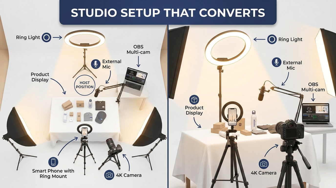 Professional TikTok Shop livestream studio setup diagram showing camera, ring lights, OBS multi-cam, product display, and external microphone