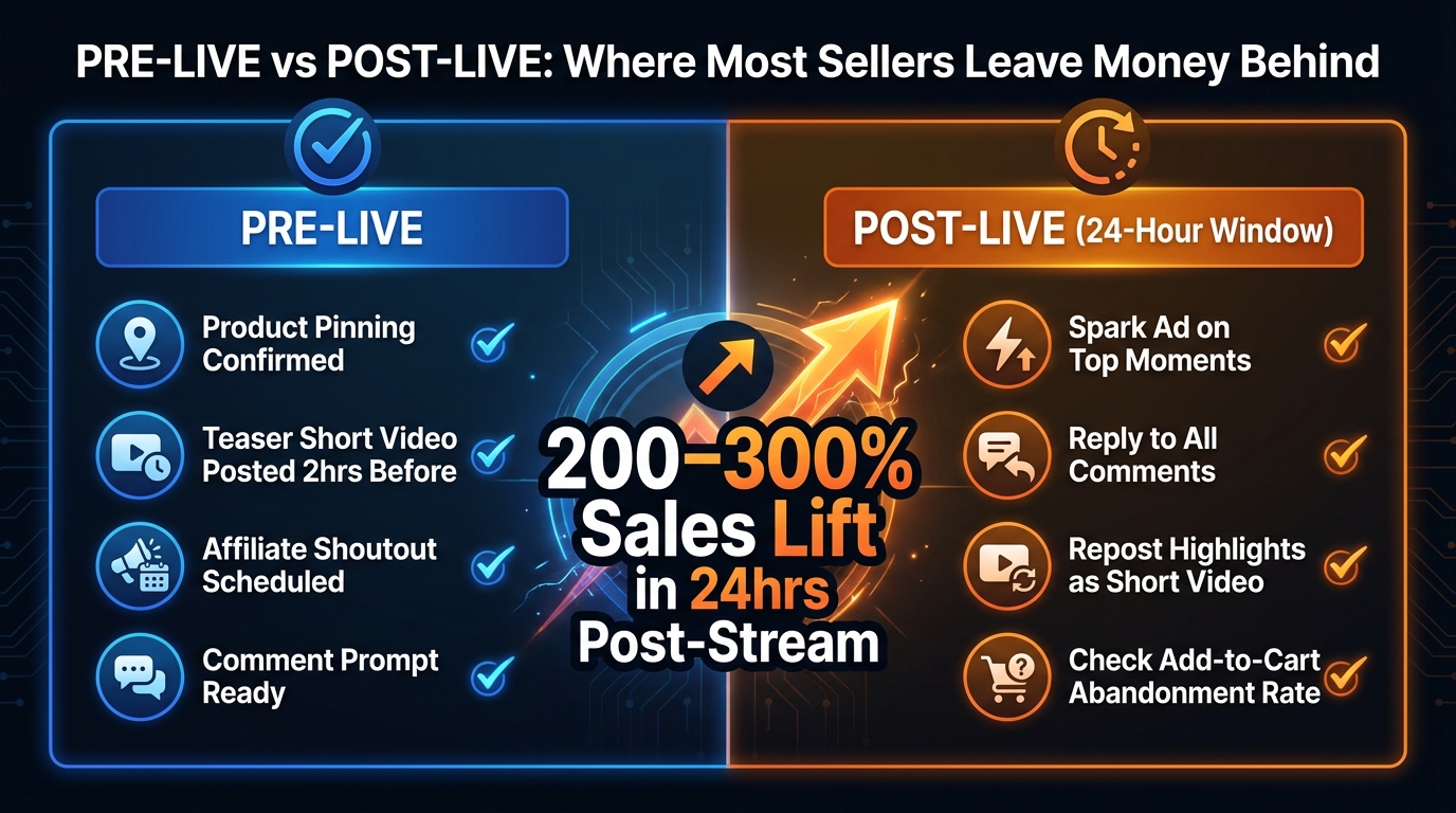 Pre-Live vs Post-Live comparison infographic showing checklist of tasks and the 200-300% sales lift stat in the 24-hour post-stream window