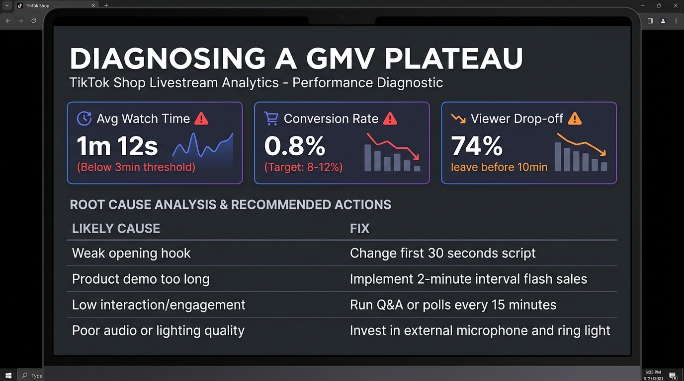 TikTok Shop GMV plateau diagnostic dashboard showing red-flagged metrics: low watch time, 0.8% conversion rate, and high viewer drop-off with causes and fixes