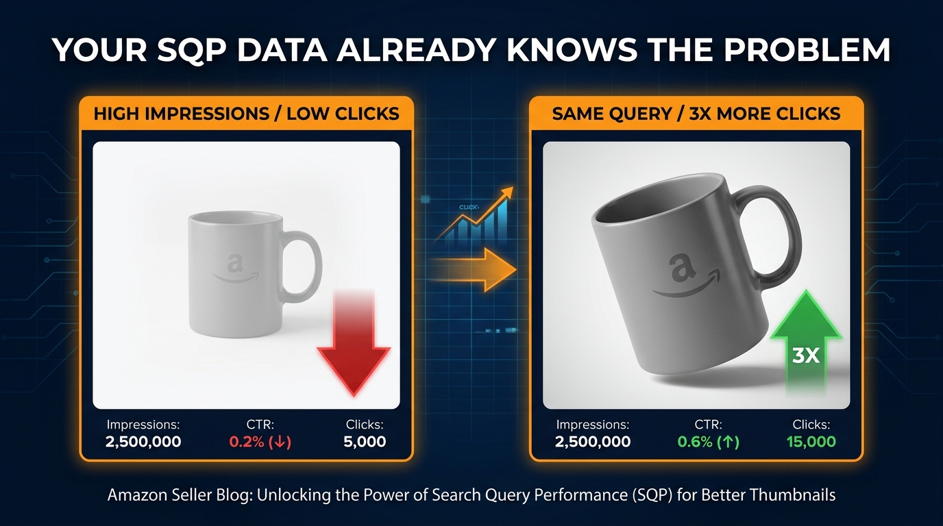 Split-screen showing high impressions vs low clicks on identical Amazon products, with the text YOUR SQP DATA ALREADY KNOWS THE PROBLEM