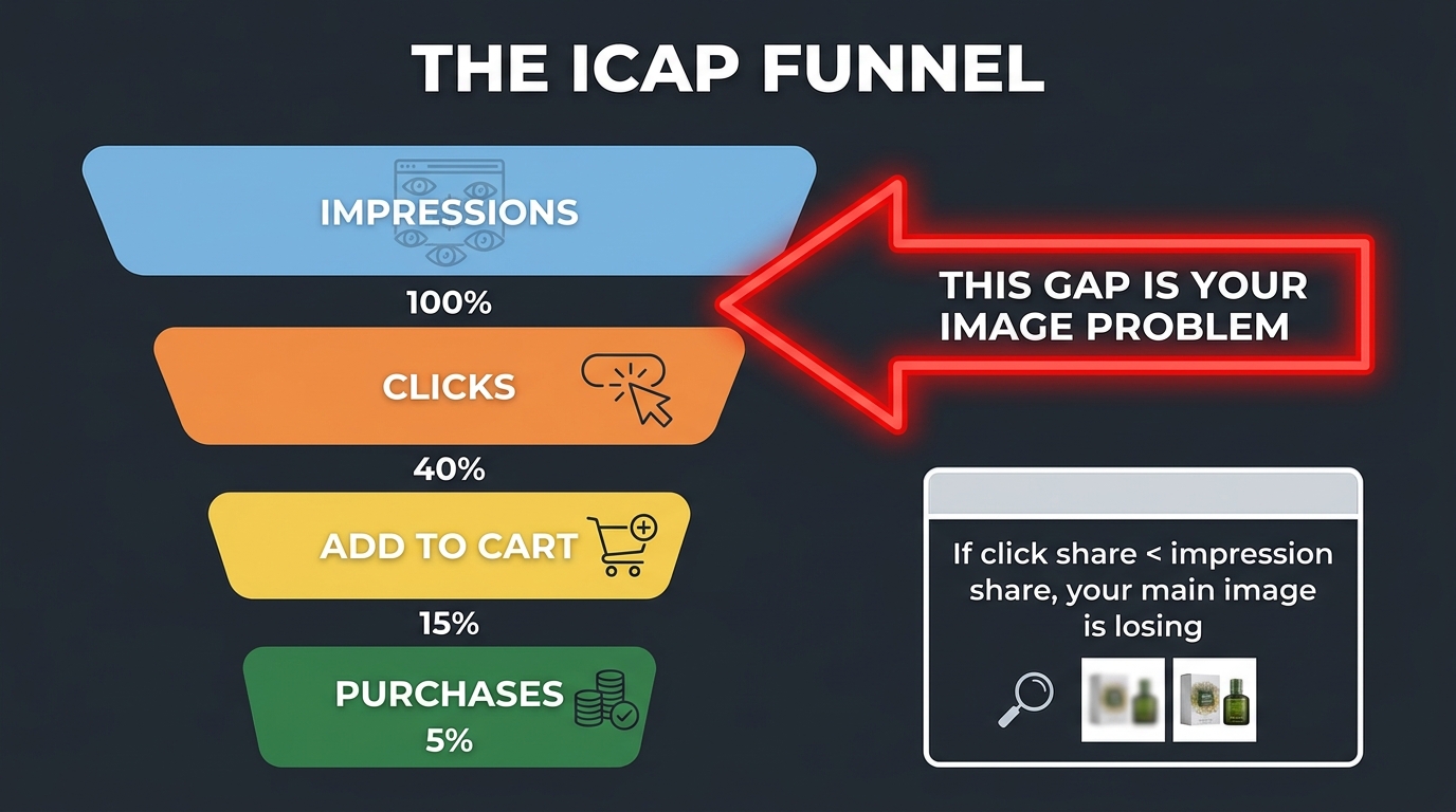 ICAP funnel diagram showing the gap between impressions and clicks as the image problem, with click share vs impression share callout