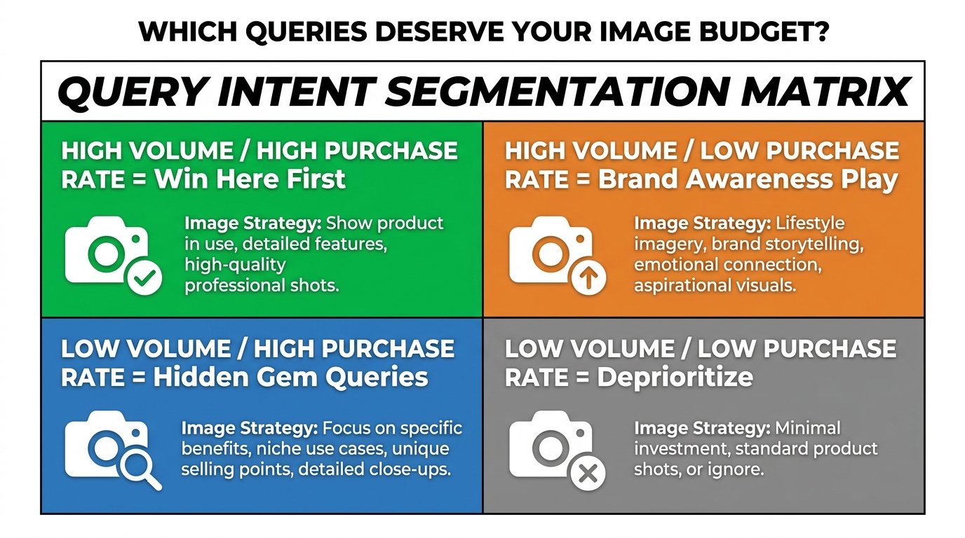 2x2 query intent segmentation matrix showing high volume/high purchase rate vs low volume/low purchase rate quadrants for image budget prioritization