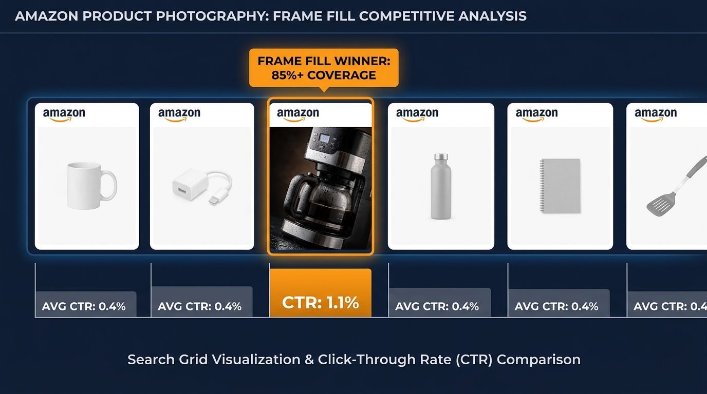 Row of Amazon product thumbnails where one standout image with 85% frame fill dominates CTR compared to generic competitors