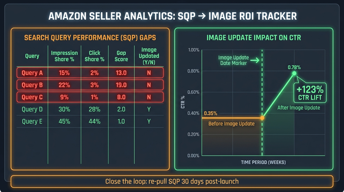 Analytics dashboard showing SQP to image ROI tracker with before and after CTR line graph showing 123% CTR lift after image update