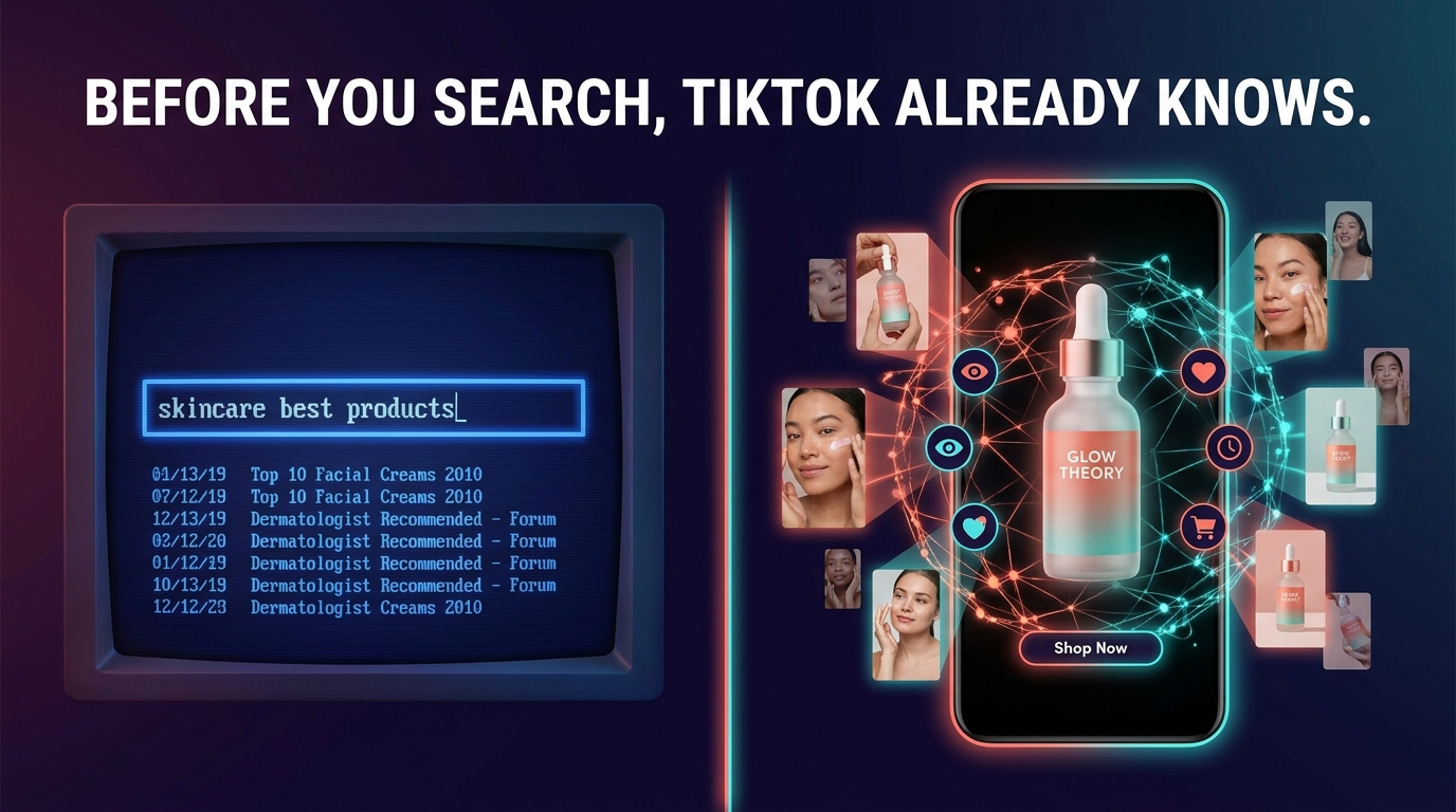 Split-screen showing traditional keyword search on the left vs TikTok AI product discovery with neural signals on the right — overlay text reads Before You Search TikTok Already Knows