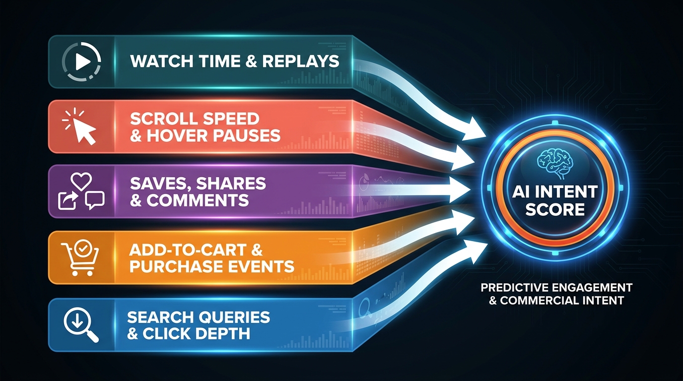 Infographic showing TikTok's five-layer behavioral signal stack feeding an AI intent score — layers include watch time, scroll speed, saves and shares, add-to-cart events, and search queries