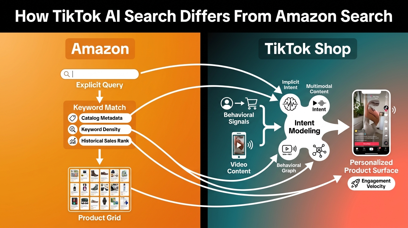 Split comparison infographic: Amazon search on left showing keyword-first catalog matching model vs TikTok Shop on right showing intent-based multimodal behavioral discovery model
