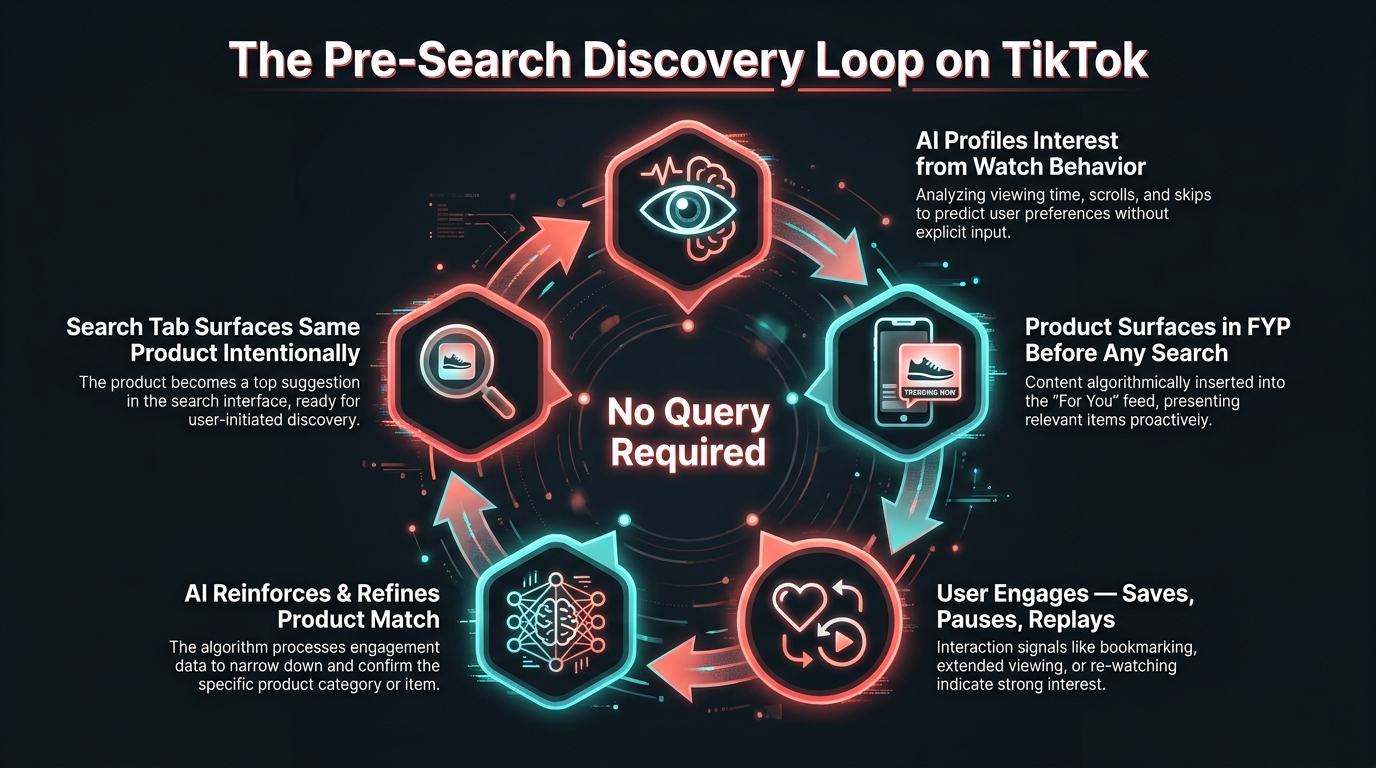 Circular flow diagram showing the pre-search discovery loop on TikTok — AI profiles interest from watch behavior, product surfaces in FYP, user engages, AI refines match, search tab surfaces product intentionally — center reads No Query Required