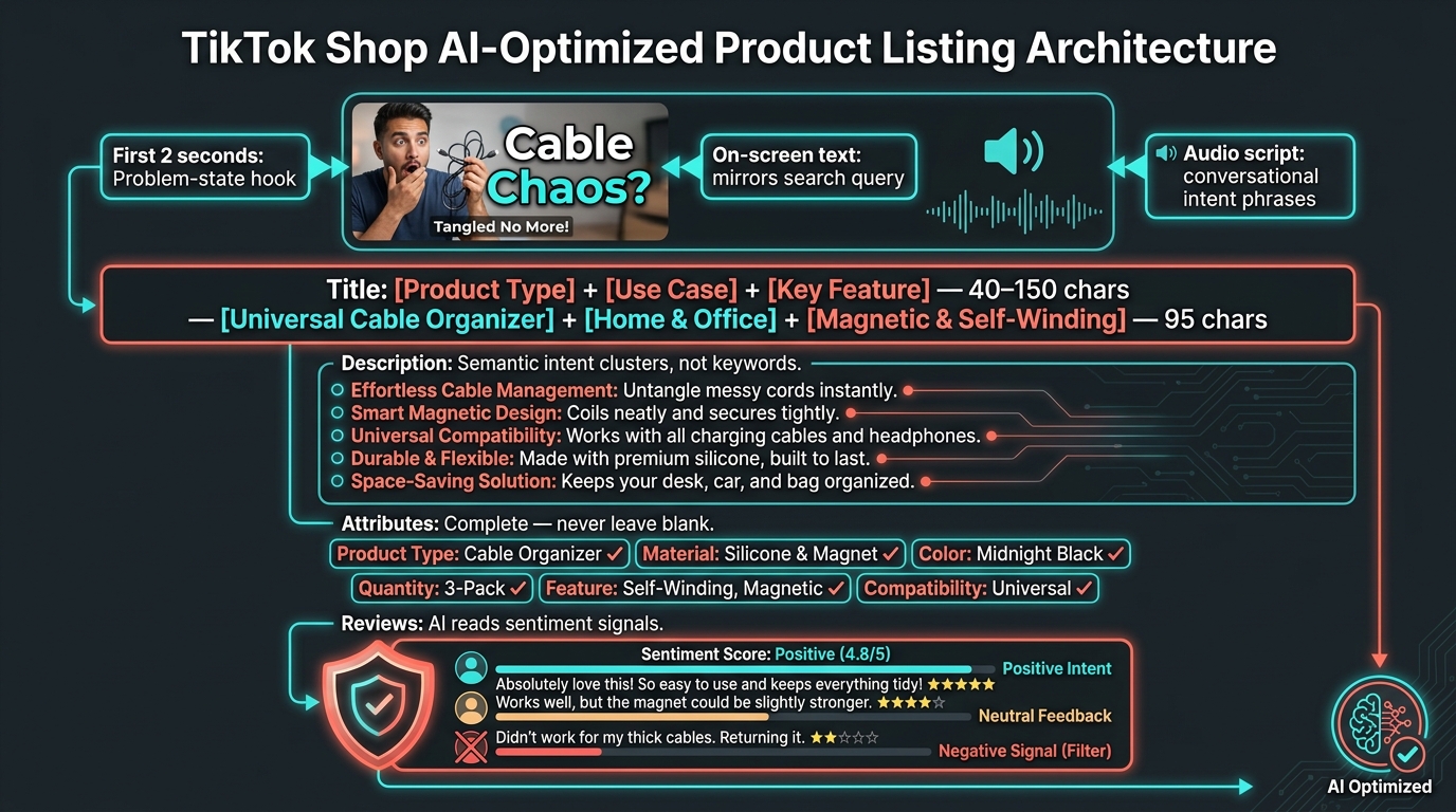 Vertical product card diagram showing TikTok Shop AI-optimized listing architecture with labeled sections for video hooks, title structure, semantic descriptions, complete attributes, and review signals