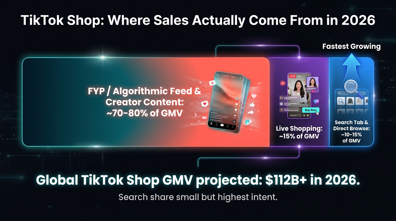 Data visualization showing TikTok Shop sales breakdown in 2026 — FYP and creator content drives 70-80 percent of GMV, Live Shopping 15 percent, Search Tab 10-15 percent with upward arrow labeled Fastest Growing — global GMV projected 112B+