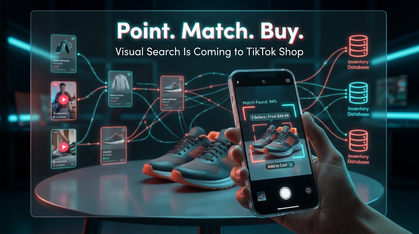 Futuristic concept image showing TikTok Shop visual search — a phone camera aimed at sneakers with AI recognition boxes and product match results — overlay text reads Point Match Buy with subtitle Visual Search Is Coming to TikTok Shop