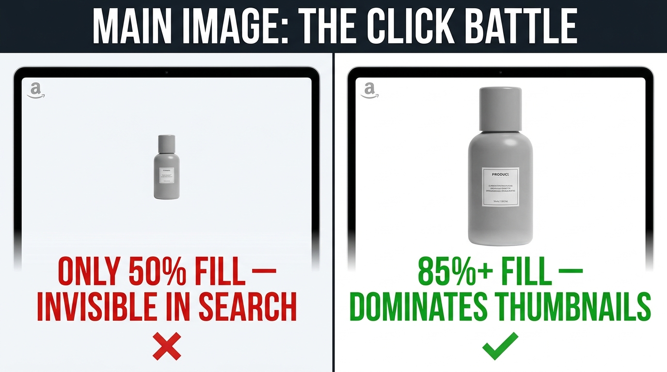 Amazon main image optimization — product fill percentage comparison, 50% fill vs 85% fill impact on thumbnail CTR