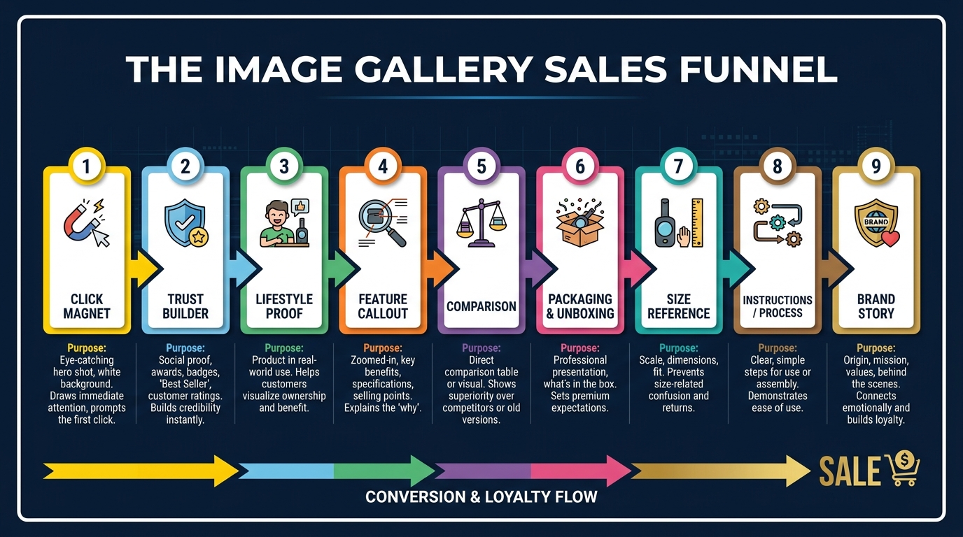 Amazon image gallery sales funnel — numbered slot strategy from click magnet to brand story