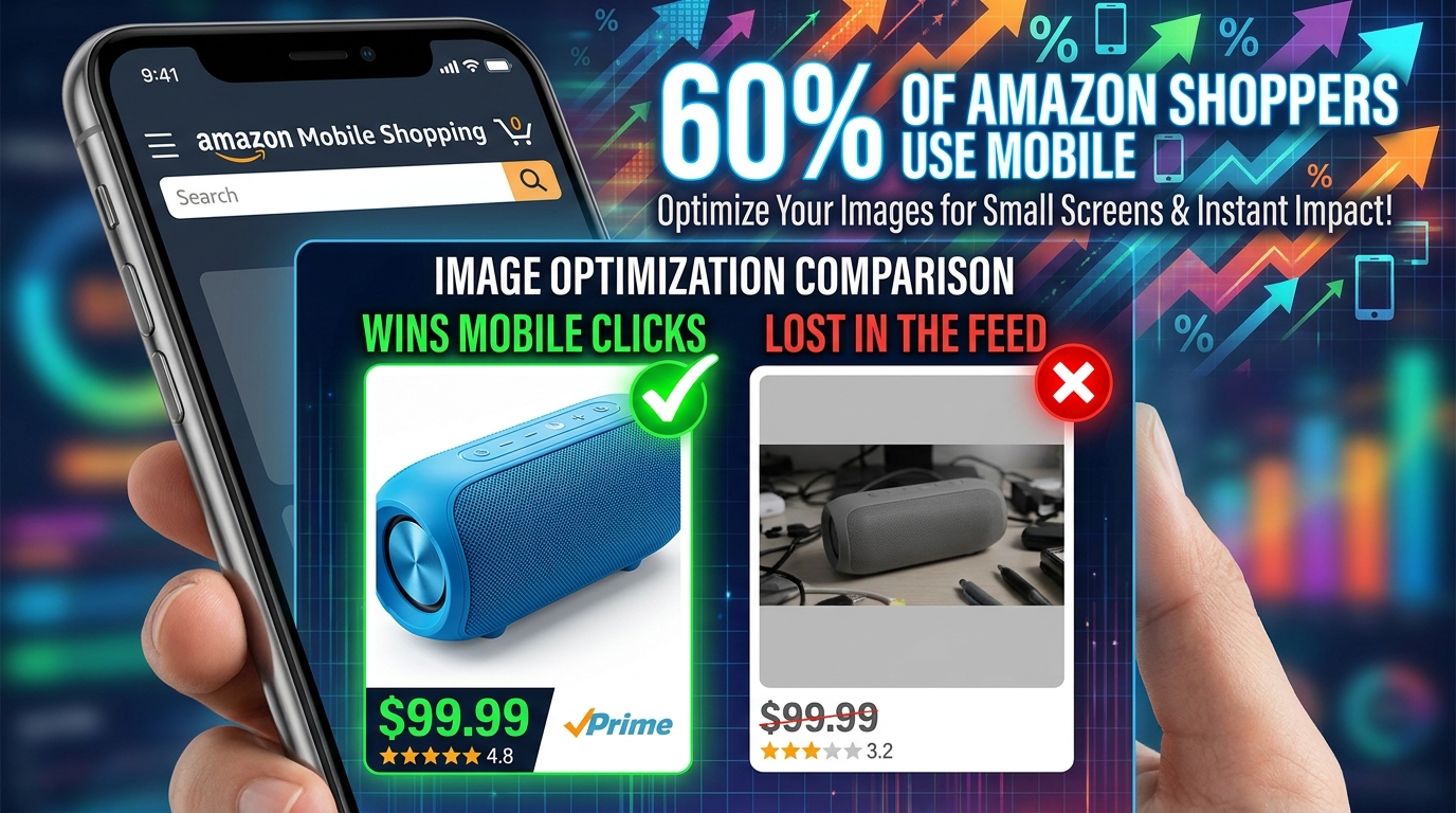 Amazon mobile image optimization — smartphone showing product thumbnail comparison, 60% of Amazon shoppers use mobile