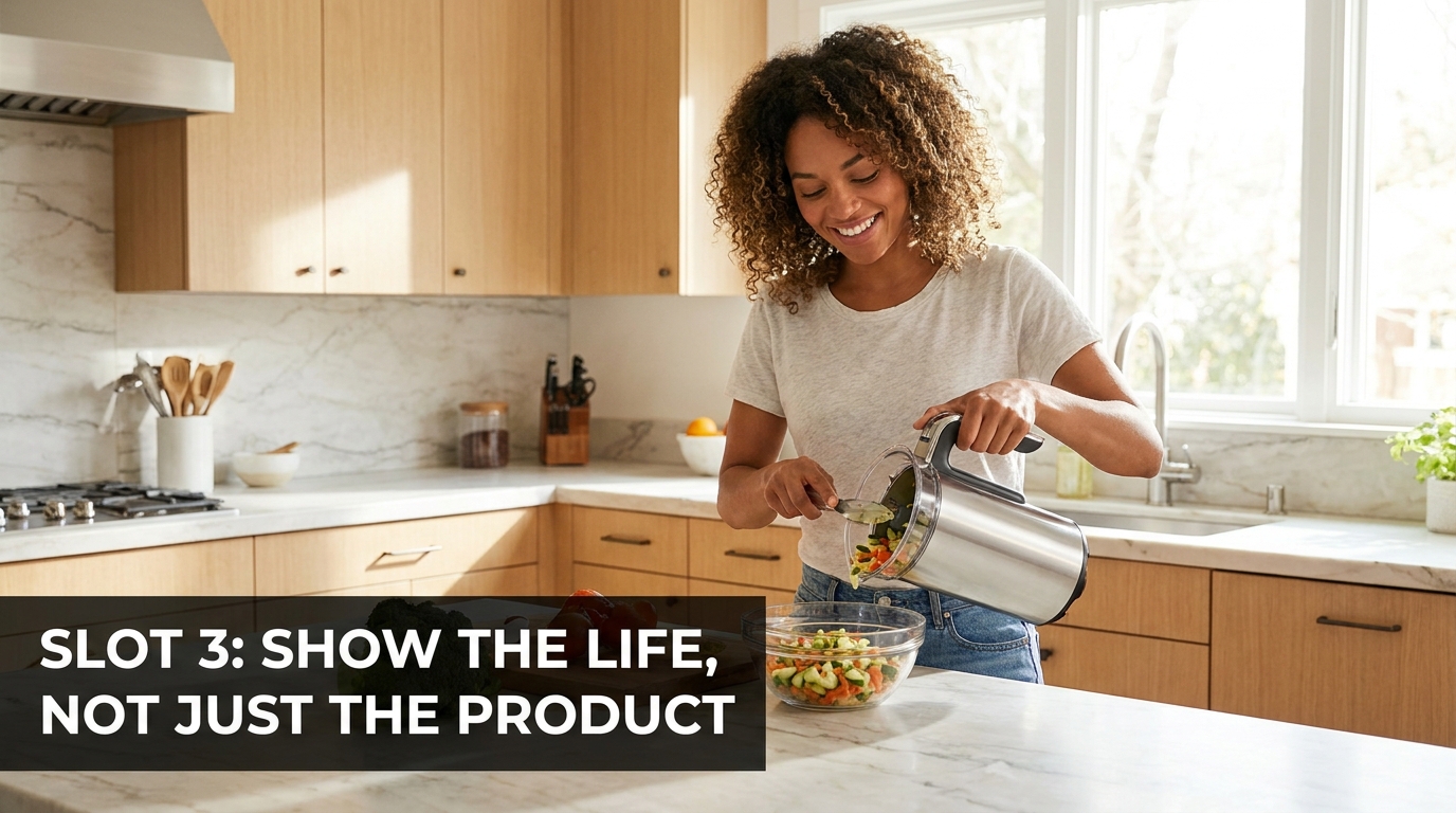Amazon lifestyle product image — person using kitchen product in natural home environment, show the life not just the product