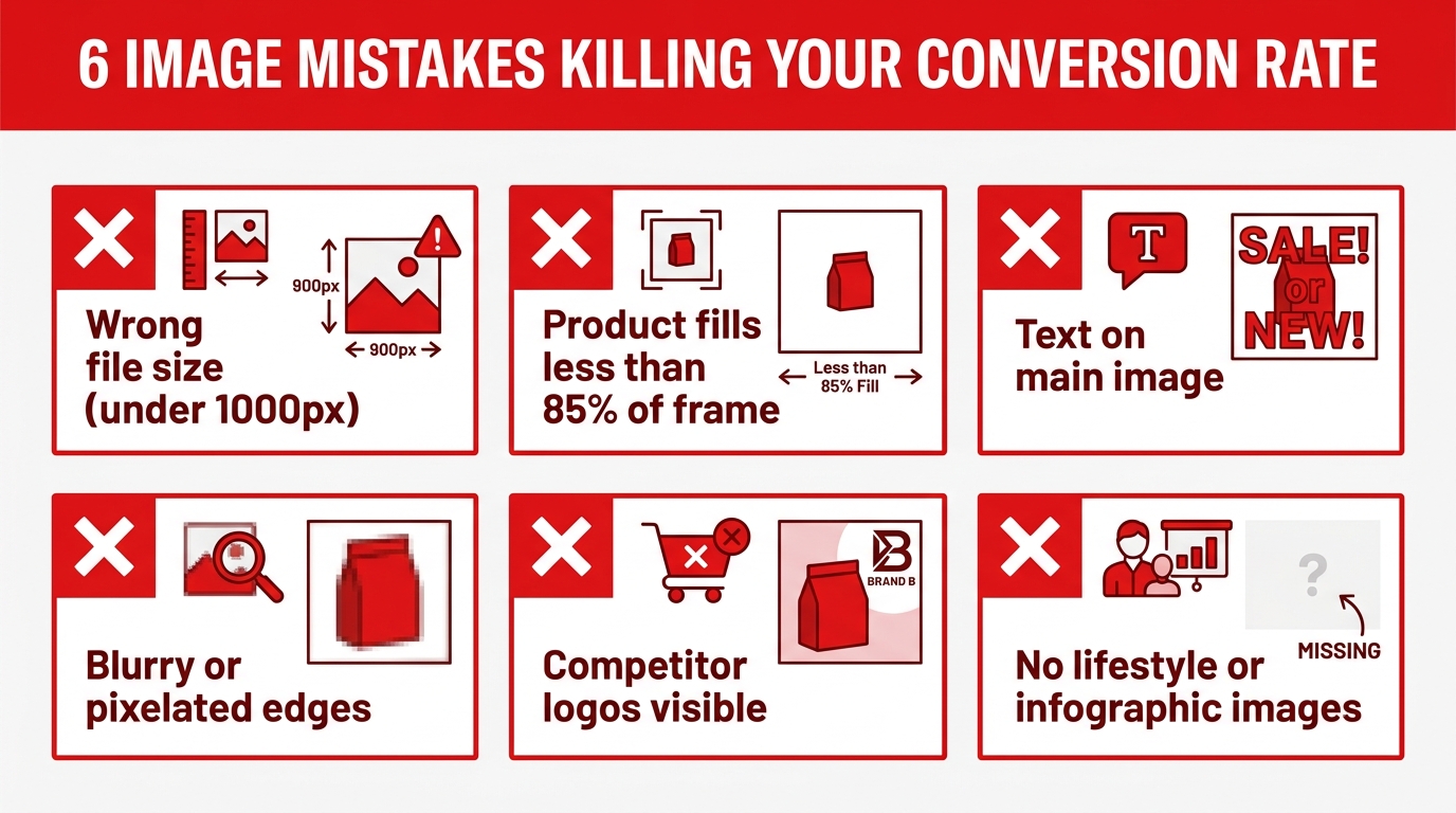Six common Amazon image mistakes killing conversion rate — infographic checklist of errors to avoid