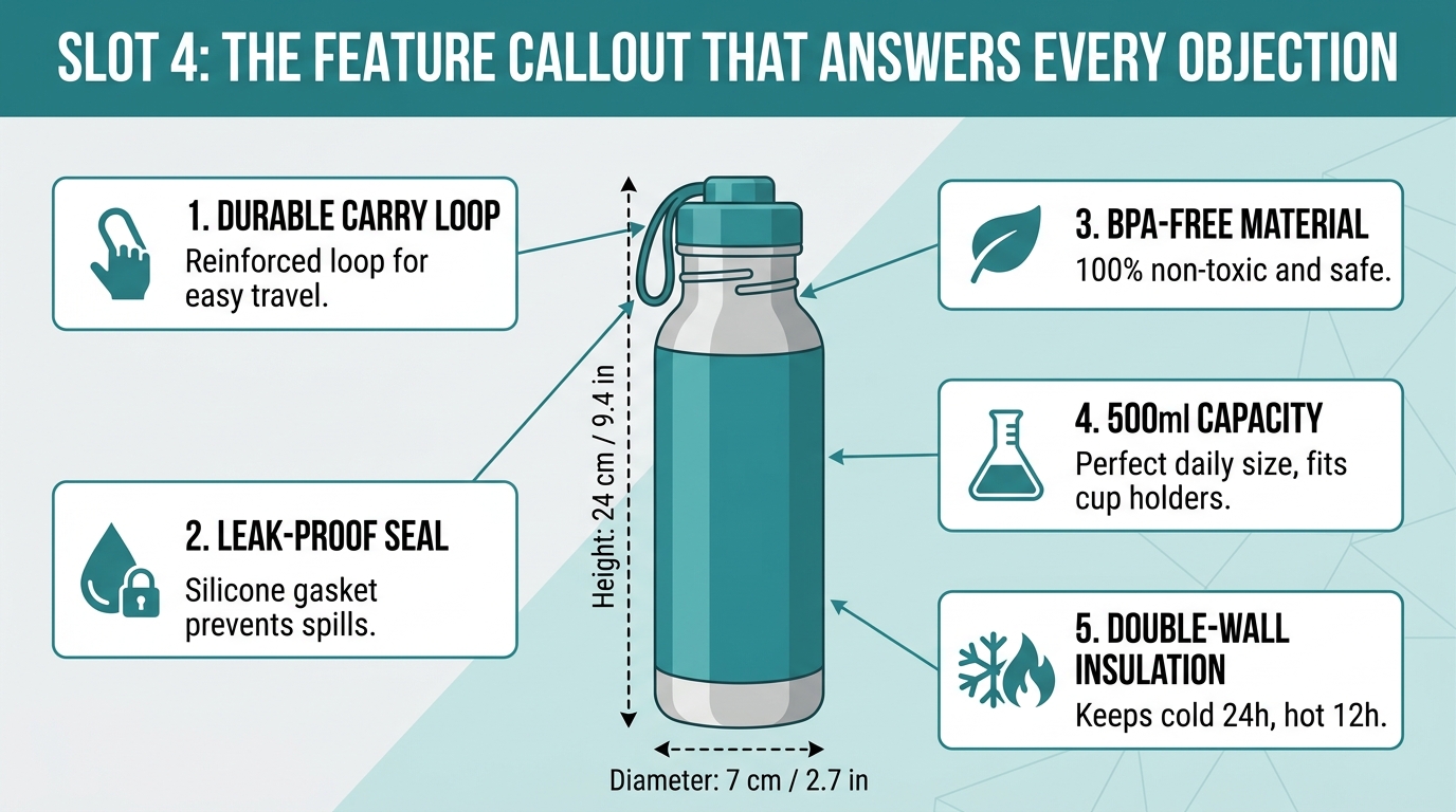 Amazon feature callout infographic image — annotated product with benefit labels and arrows, answering buyer objections visually