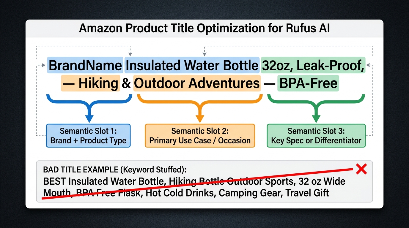 Amazon product title broken into three semantic slots: Brand + Product Type, Primary Use Case/Occasion, Key Spec or Differentiator — optimization diagram for Rufus AI