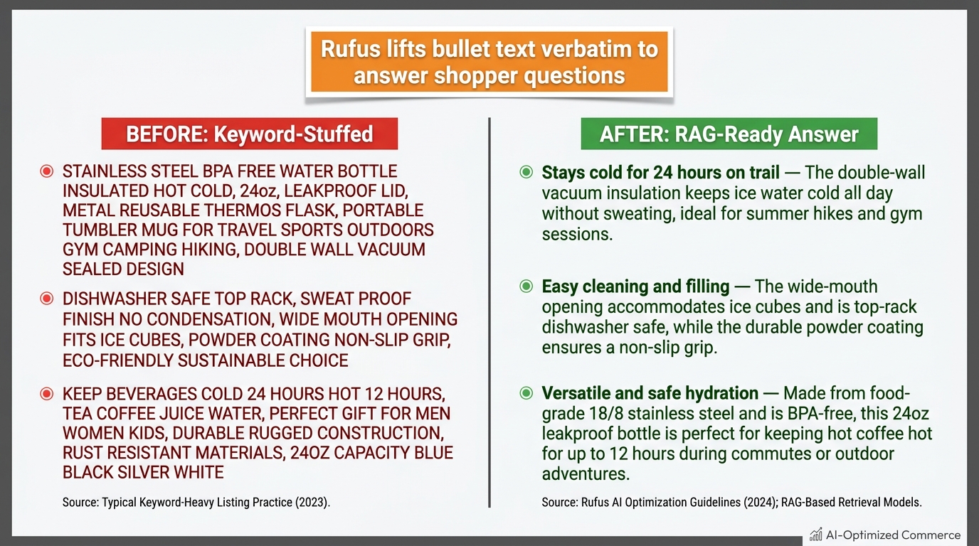 Before and after comparison of Amazon bullet points rewritten for Rufus RAG retrieval: keyword fragments vs. complete answer-ready sentences