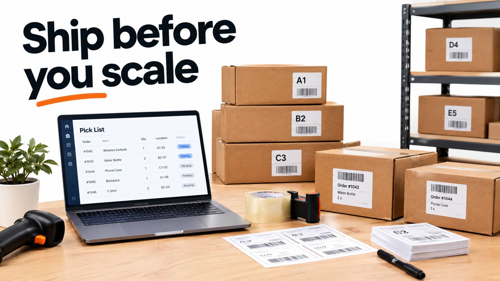 Small seller packing table with boxes, labels and a pick list