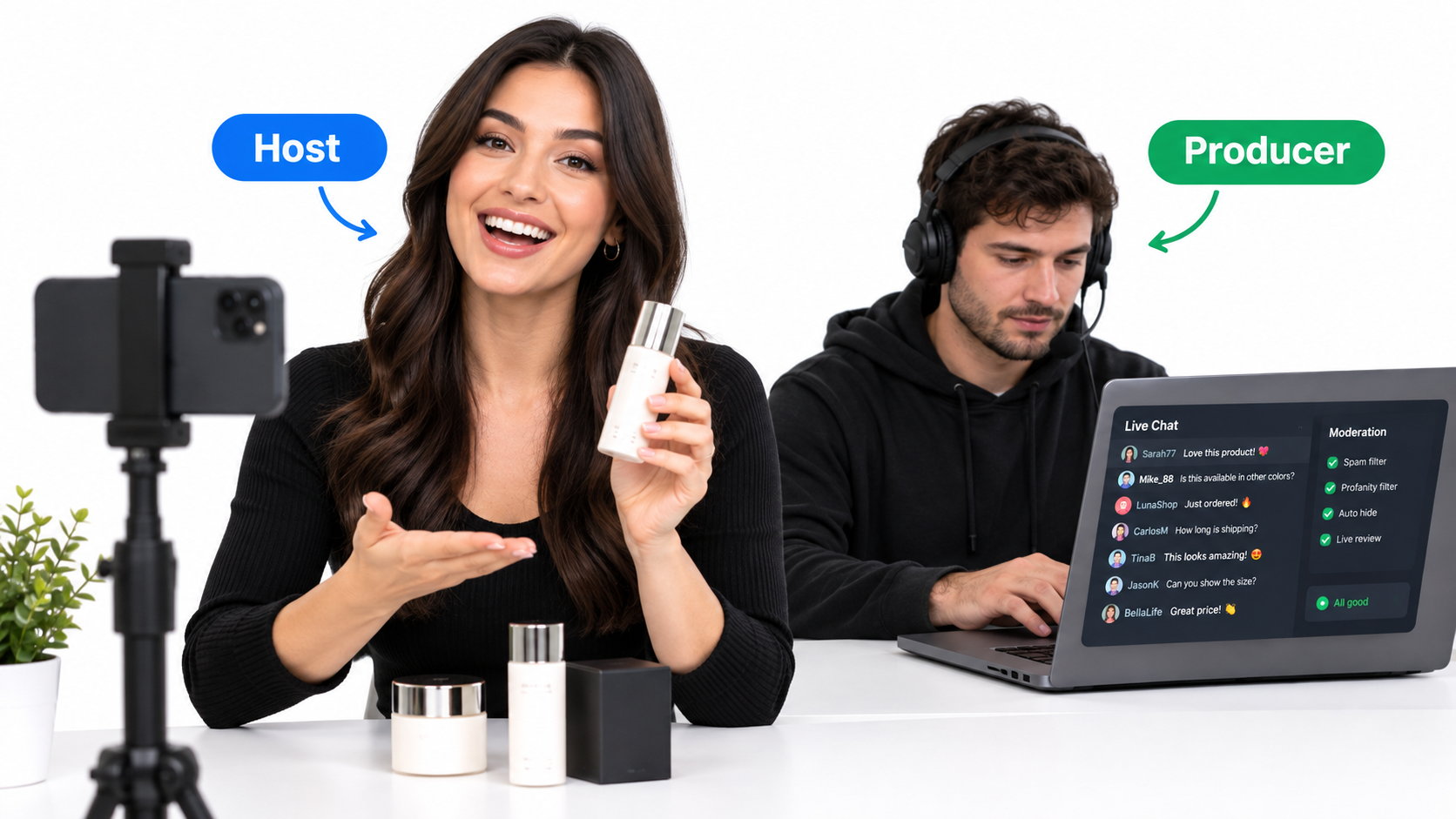 Two-person live selling team with a host on camera and a producer moderating chat
