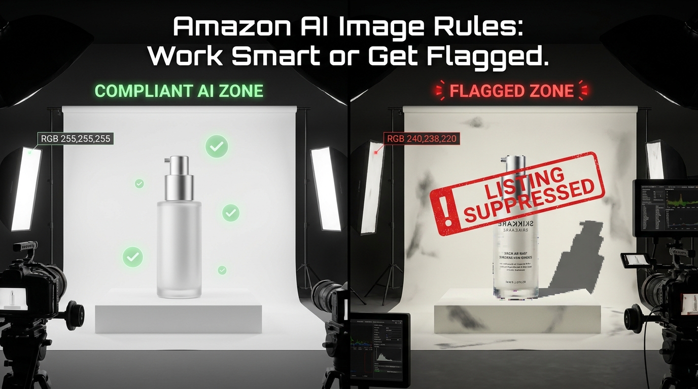 Split-view showing compliant AI image zone versus flagged listing zone with suppression warning overlay for Amazon sellers