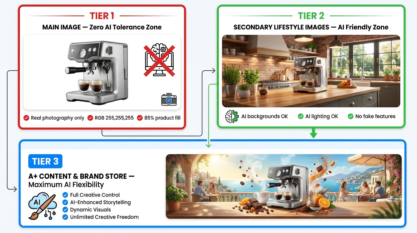 Three-tier Amazon listing image hierarchy showing main image zone, secondary lifestyle image zone, and A+ content zone with compliance rules for each tier