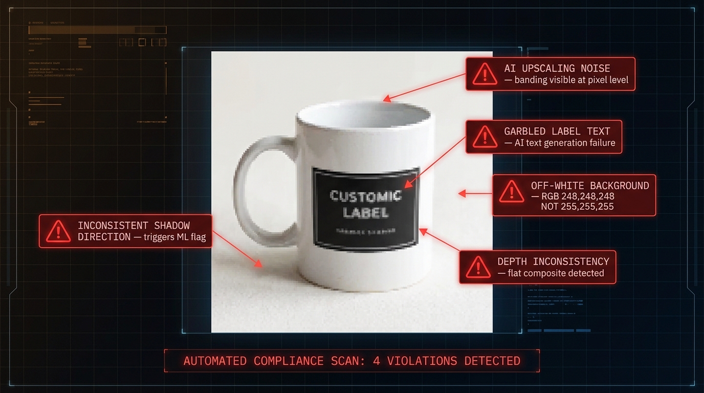 Technical diagnostic view showing annotated AI image artifacts that trigger Amazon automated compliance scanning — shadow inconsistency, off-white background, garbled text, and upscaling noise