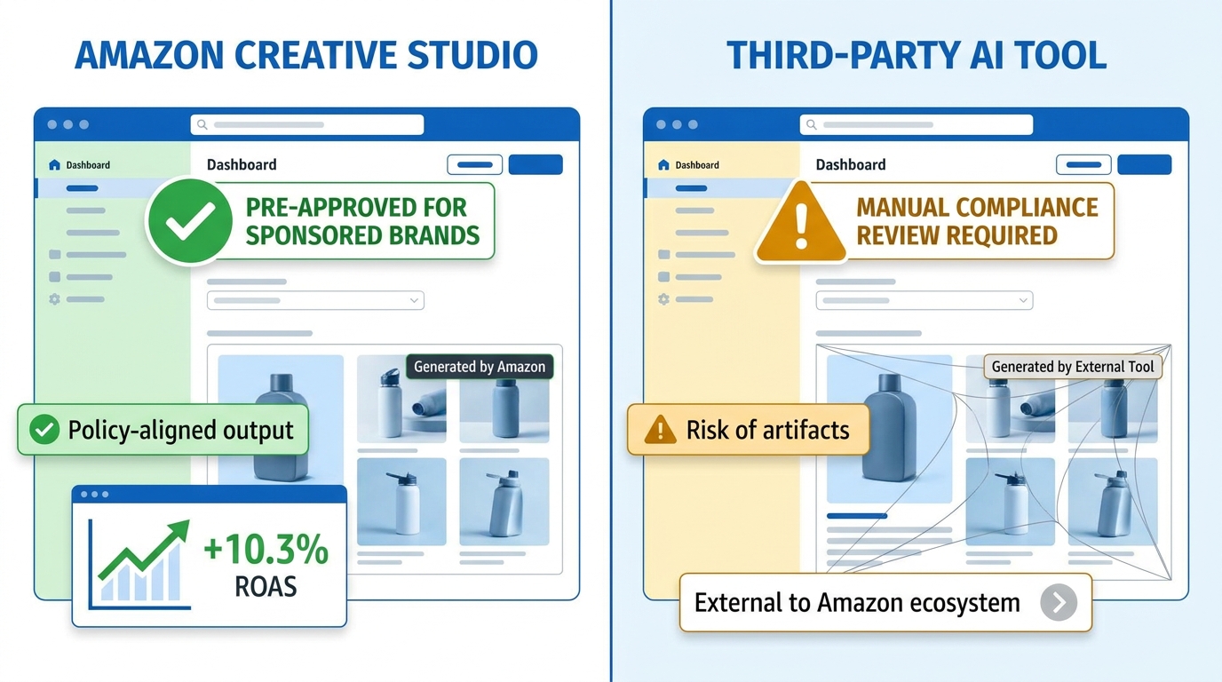 Side-by-side comparison dashboard of Amazon Creative Studio versus third-party AI image generator showing compliance risk, ROAS data, and policy alignment differences