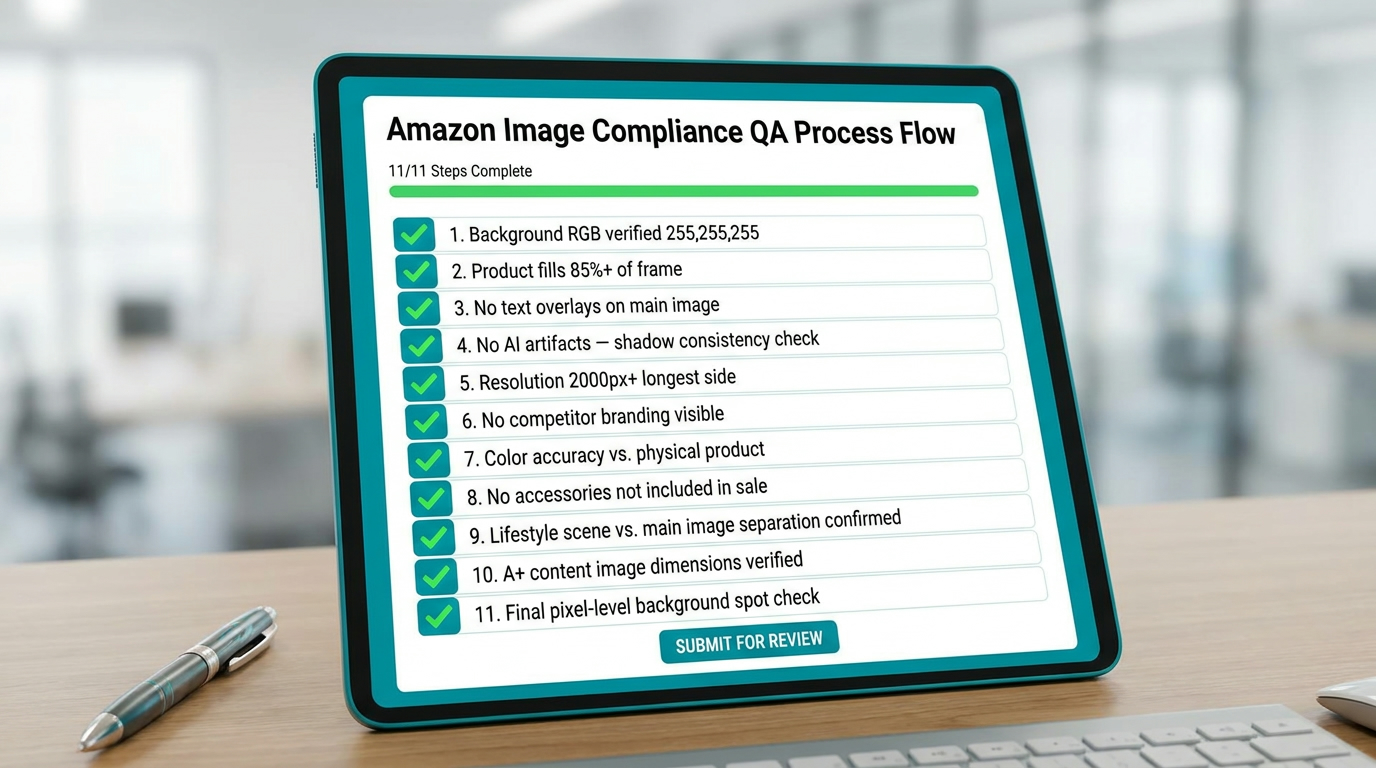 11-step Amazon image compliance pre-submission QA checklist on a digital tablet interface with checkboxes and green verification marks